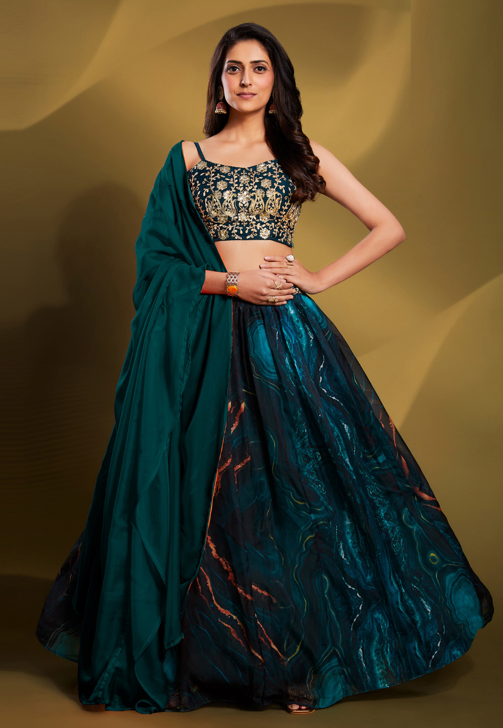 Teal Organza Circular Lehenga Choli 265562
