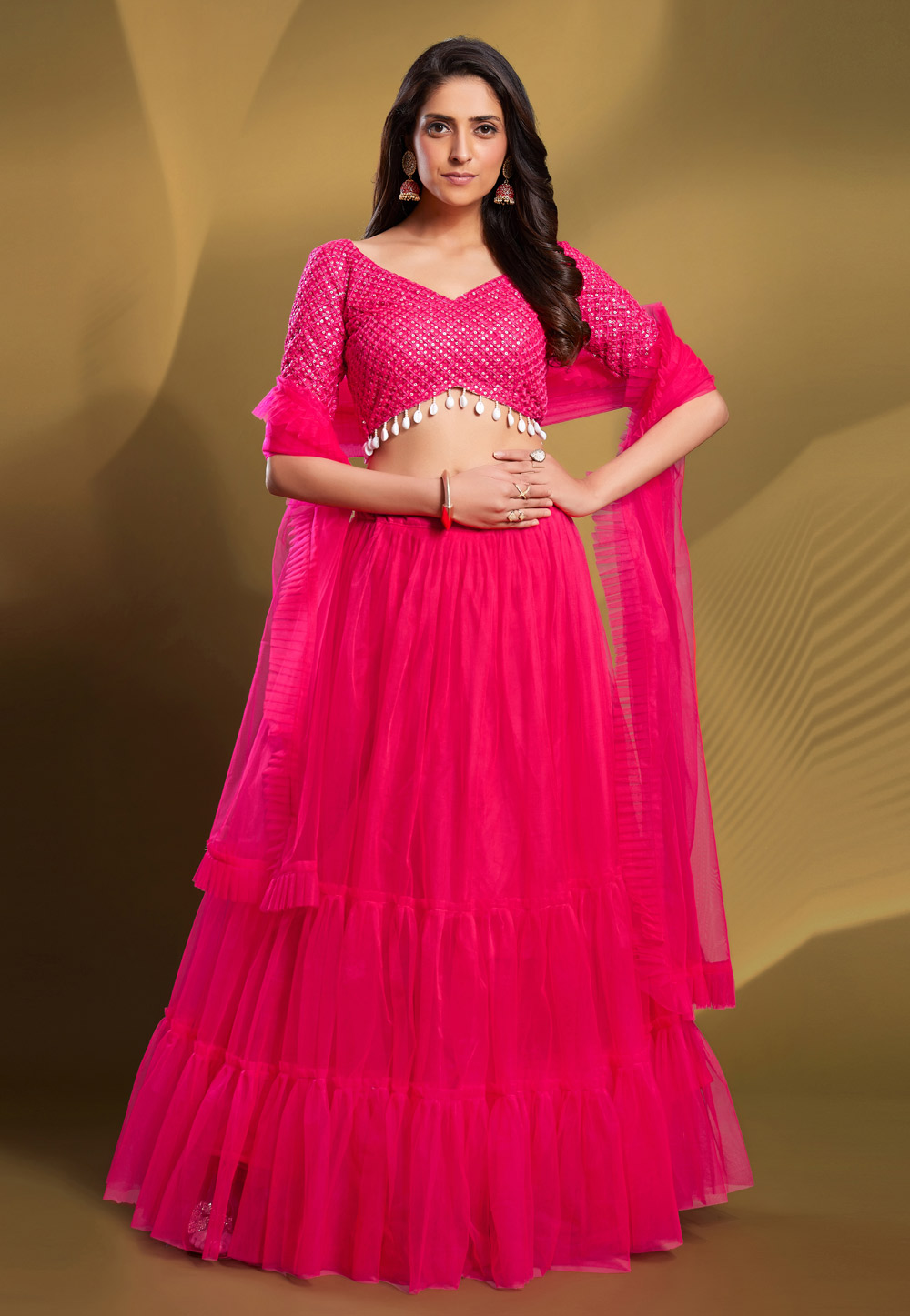 Pink Soft Net Layered Lehenga Choli 265563