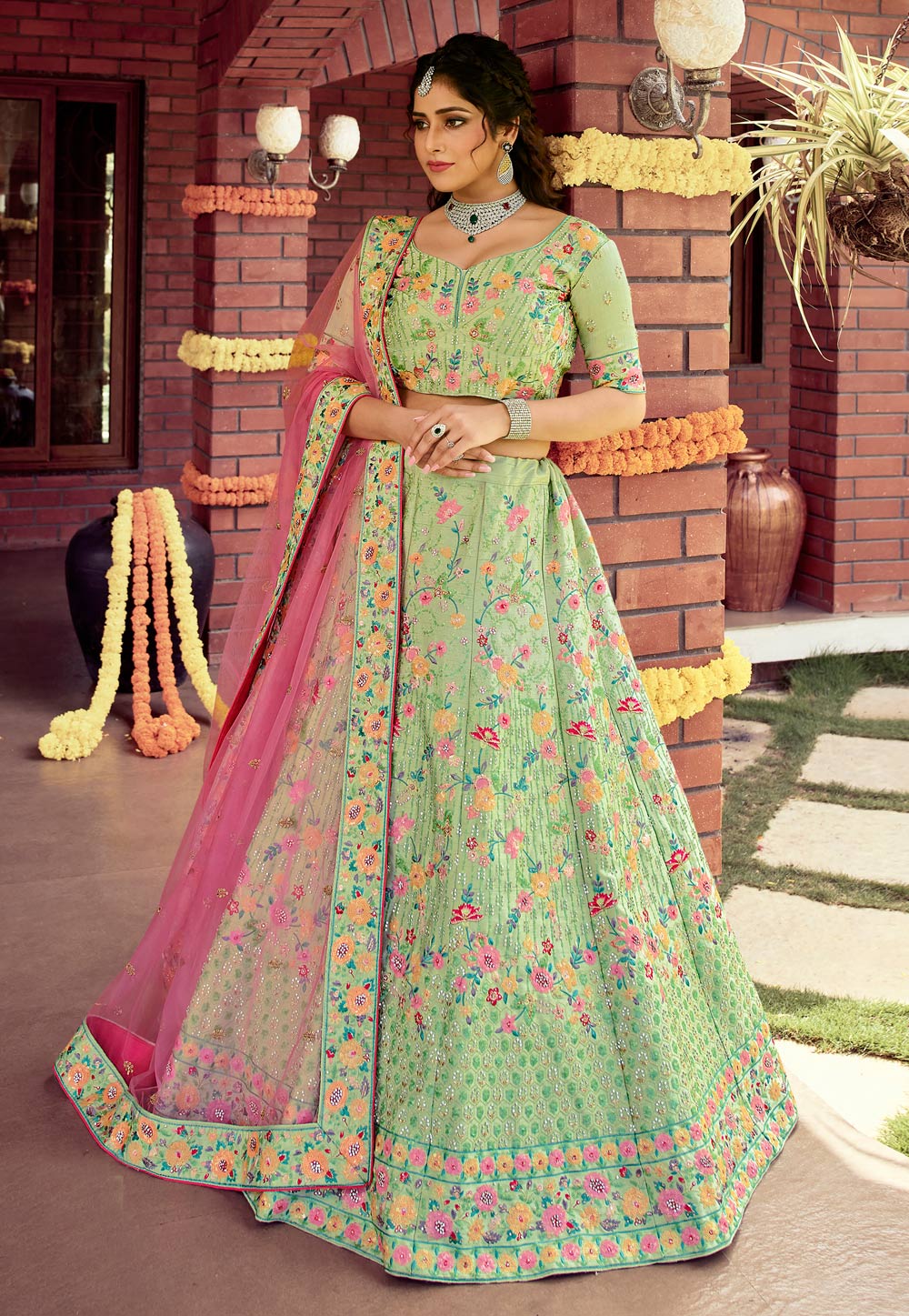 Green Raw Silk Sequins Work Lehenga Choli 235725