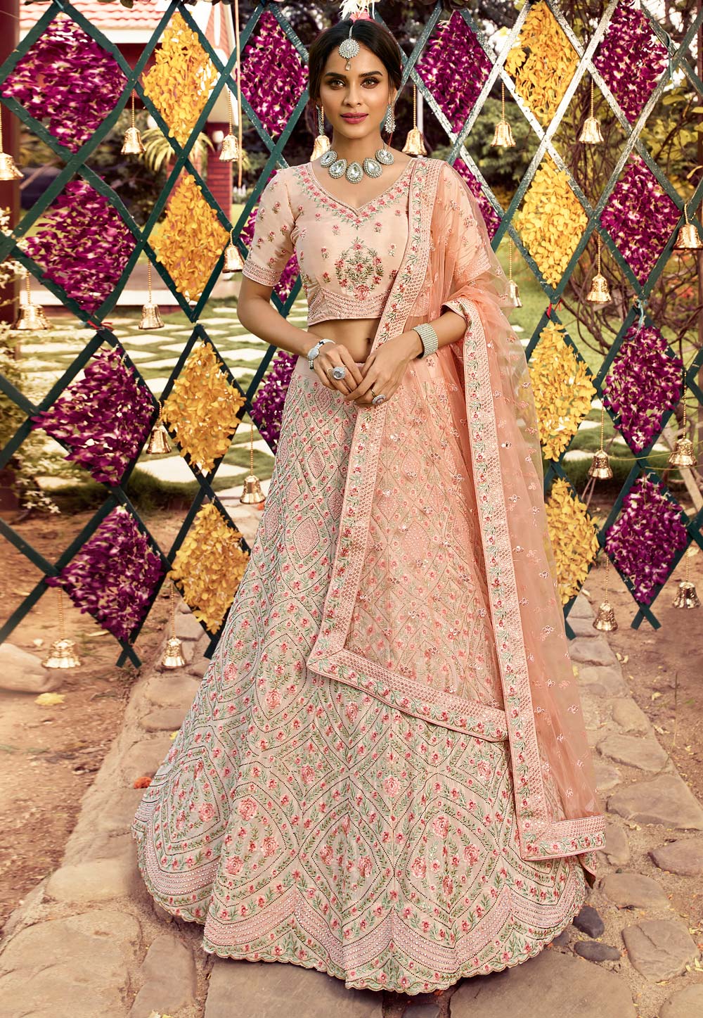 Peach Crepe Embroidered Work Lehenga Choli 235727