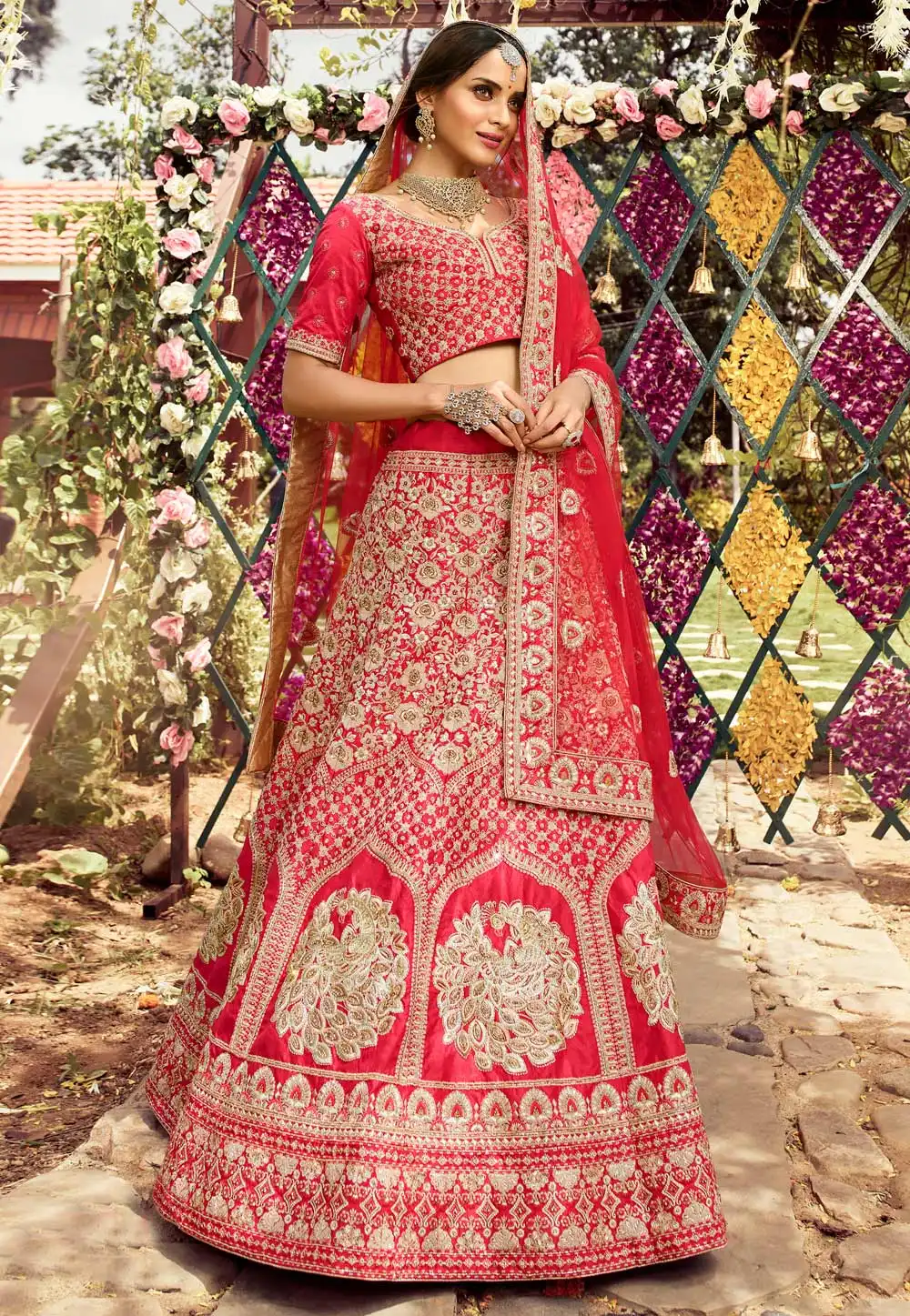 Red Raw Silk Embroidered Bridal Lehenga Choli 235731