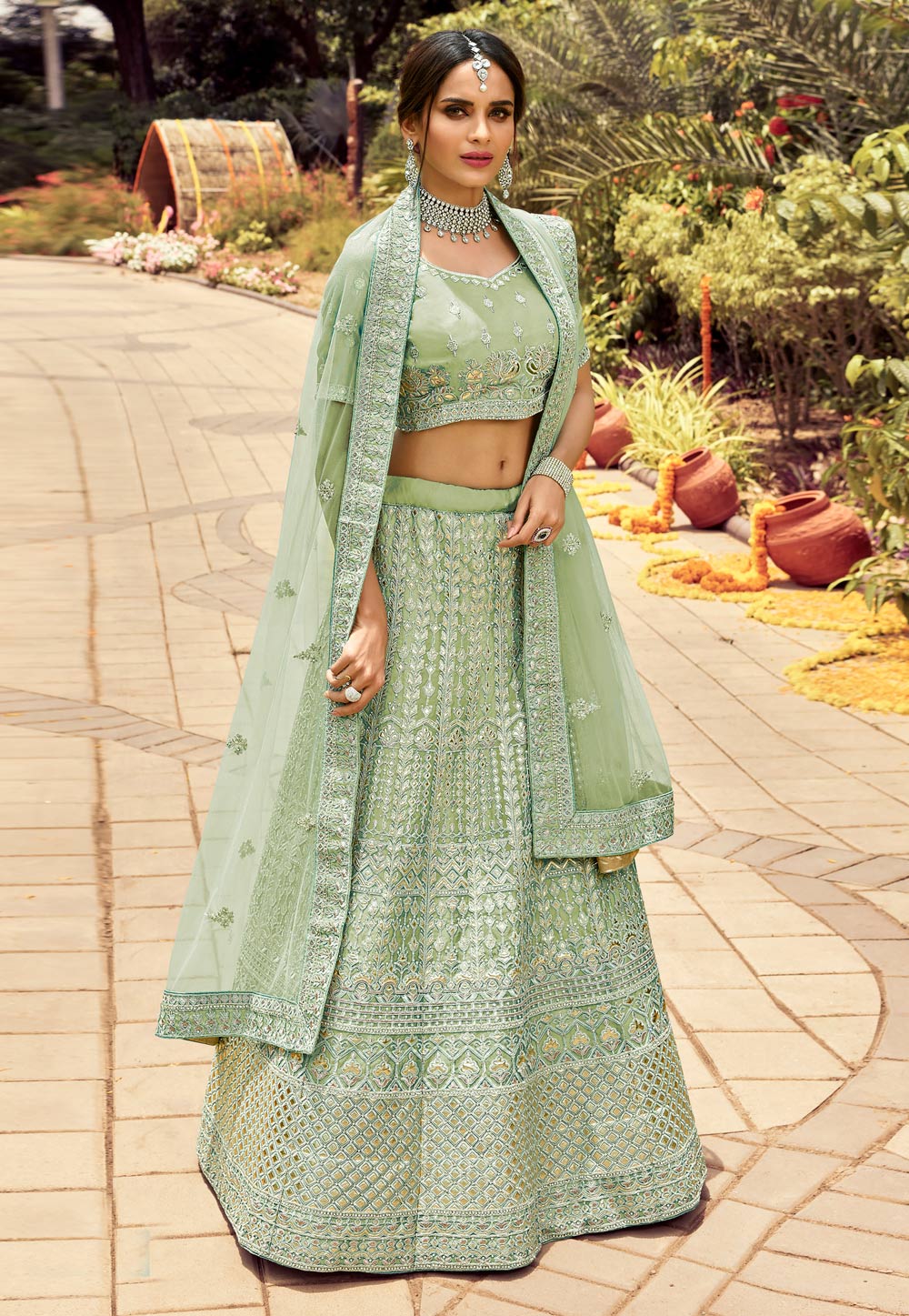 Sea Green Organza Embroidered Work Lehenga Choli 238954
