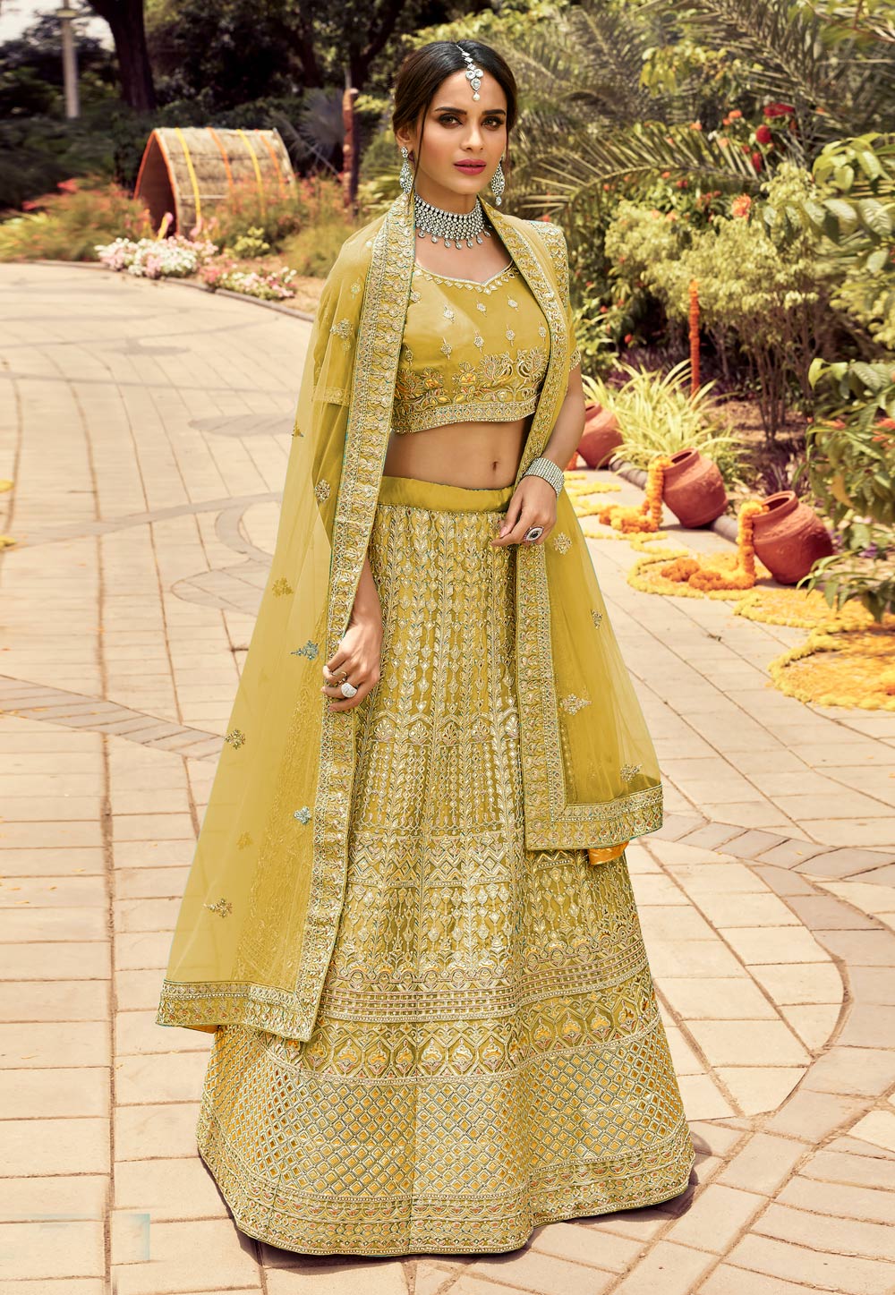 Mustard Organza Embroidered Work Lehenga Choli 238956