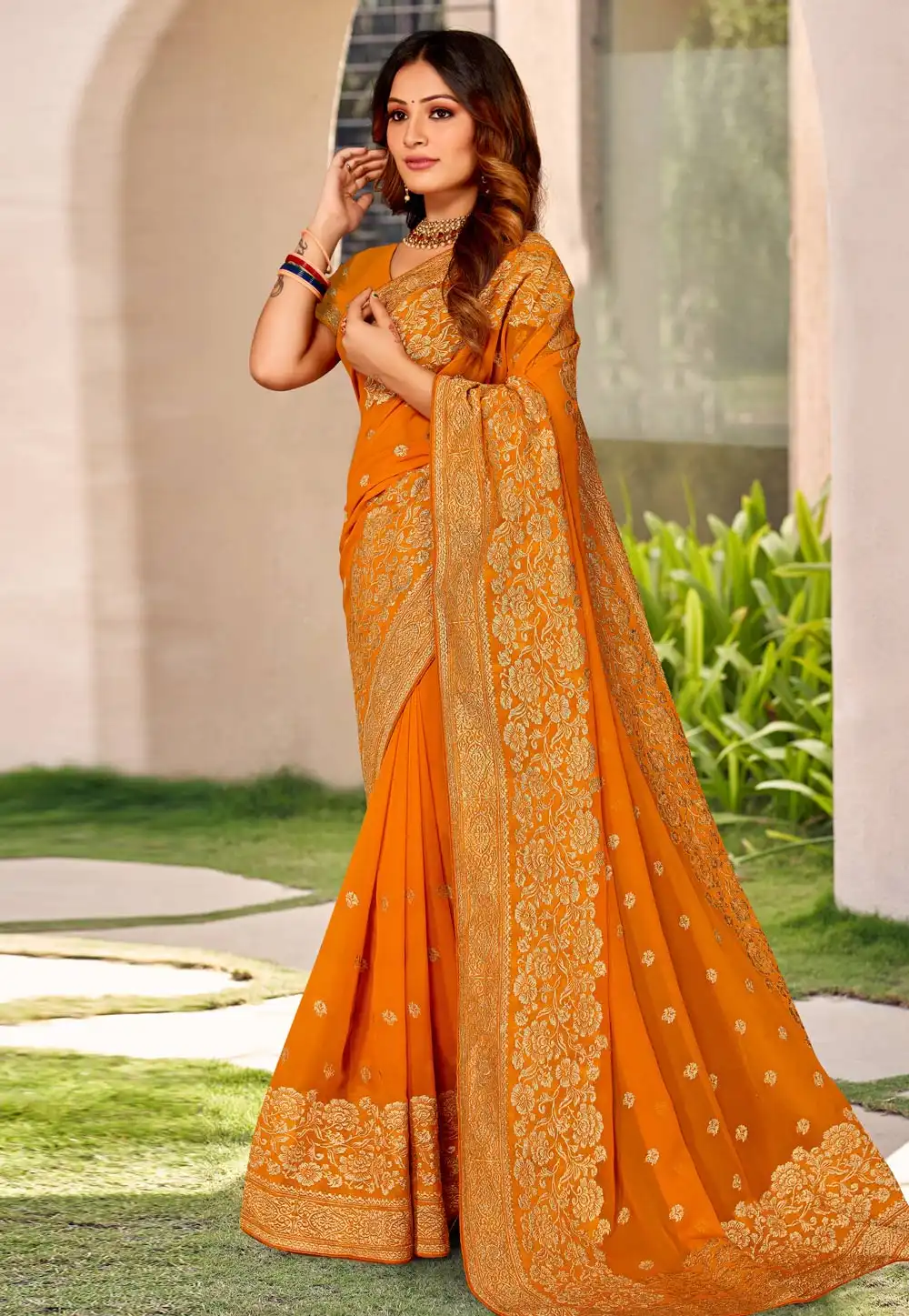 Orange Georgette Saree With Blouse 268001