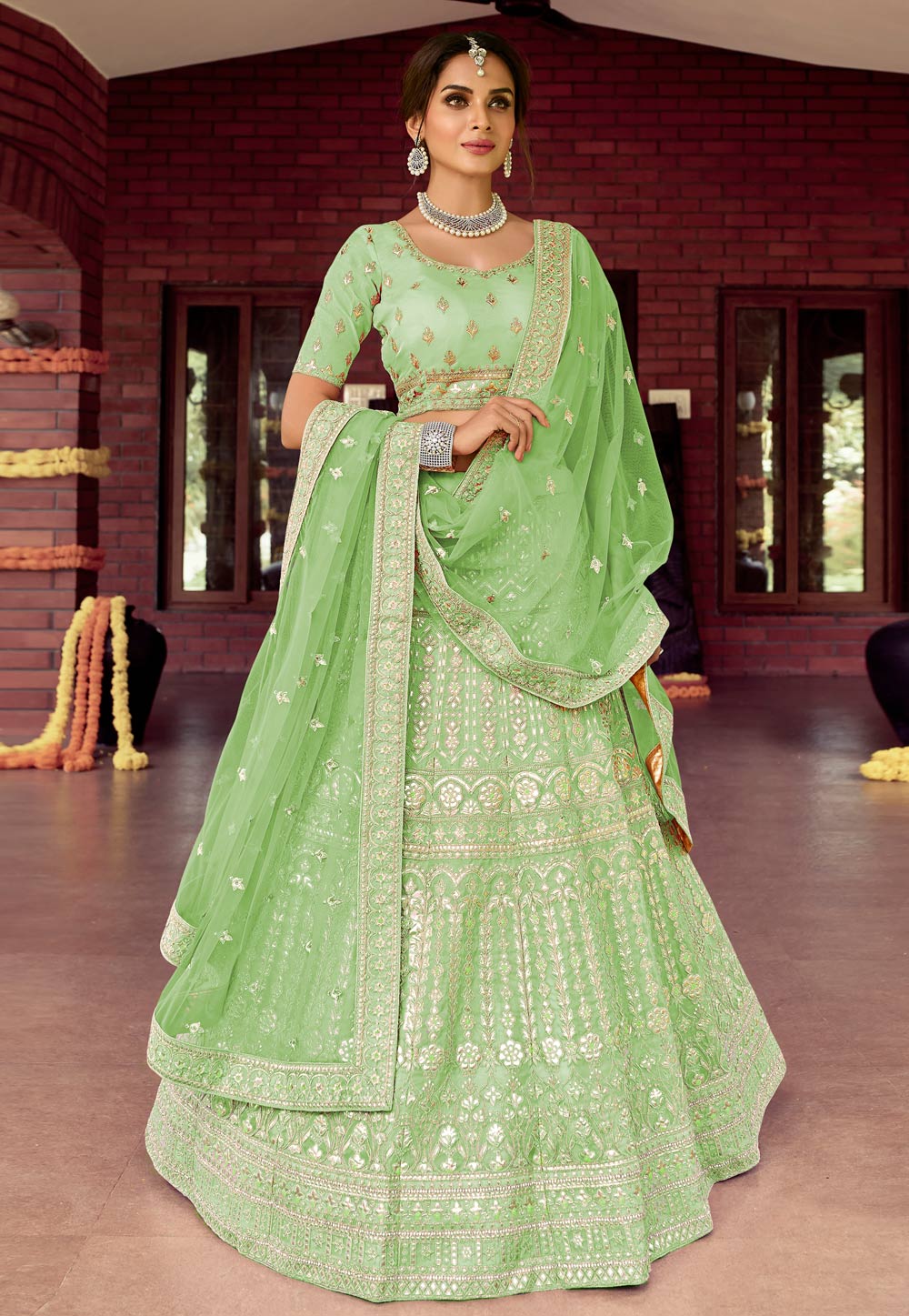Light Green Organza Embroidered Work Lehenga Choli 238959
