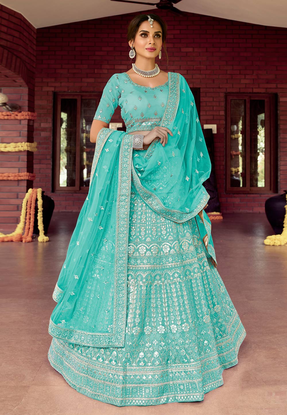 Sky Blue Organza Embroidered Work Lehenga Choli 238960