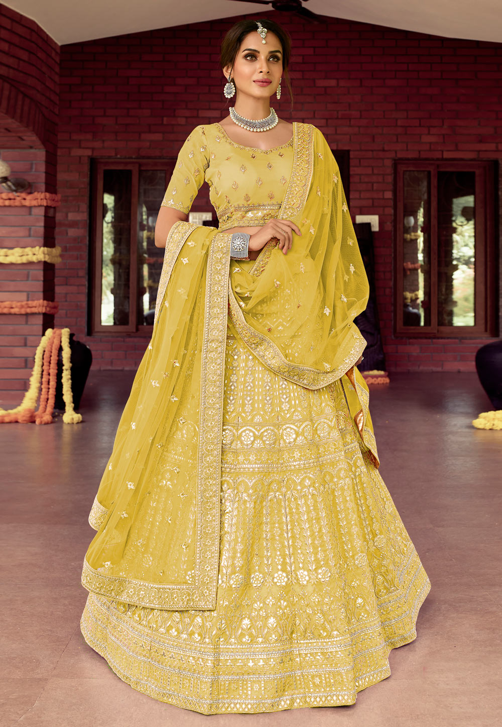 Mustard Organza Embroidered Work Lehenga Choli 238961
