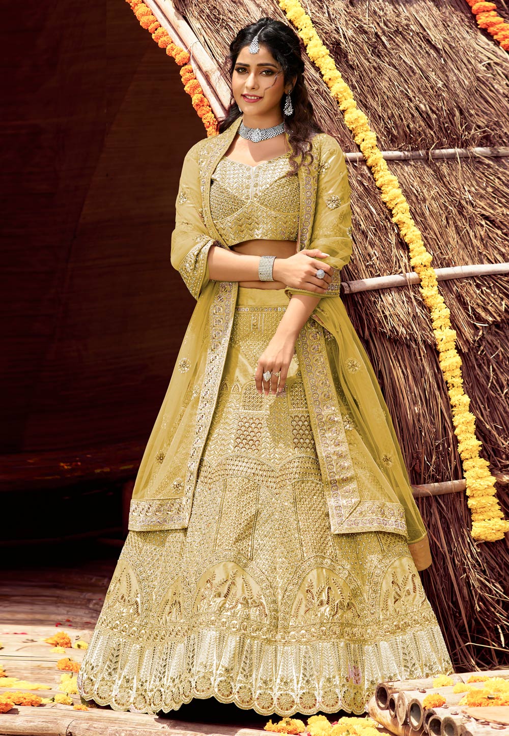 Mehndi Velvet Embroidered Work Lehenga Choli 238970