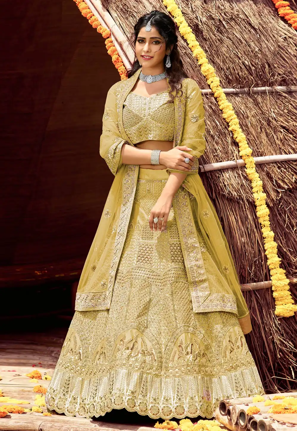 Mehndi Velvet Embroidered Work Lehenga Choli 238970
