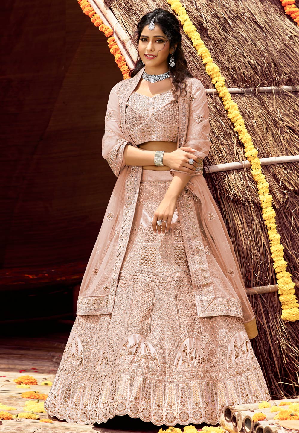 Pink Velvet Embroidered Work Lehenga Choli 238971