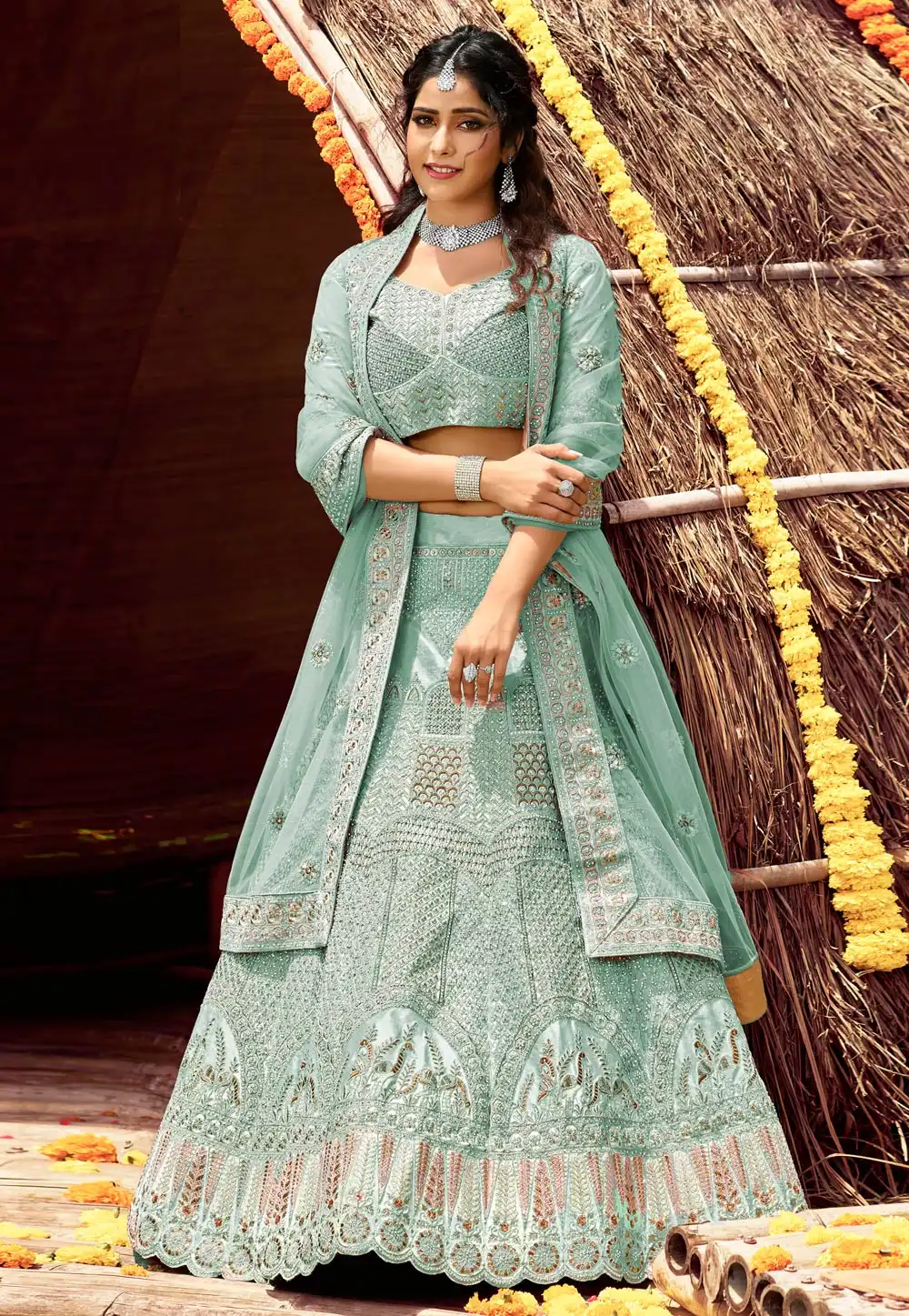 Sky Blue Velvet Embroidered Work Lehenga Choli 238972