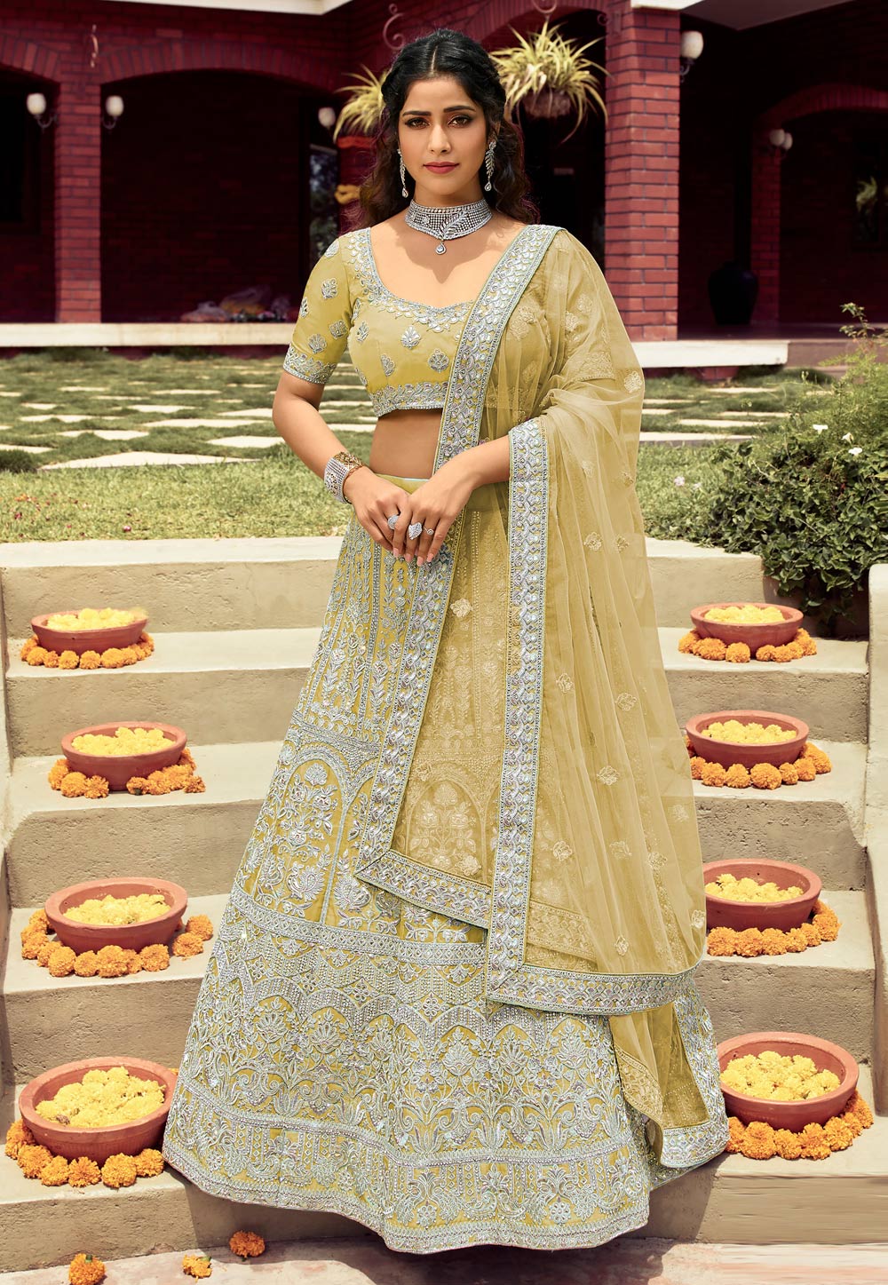 Mehndi Organza Embroidered Work Lehenga Choli 238975