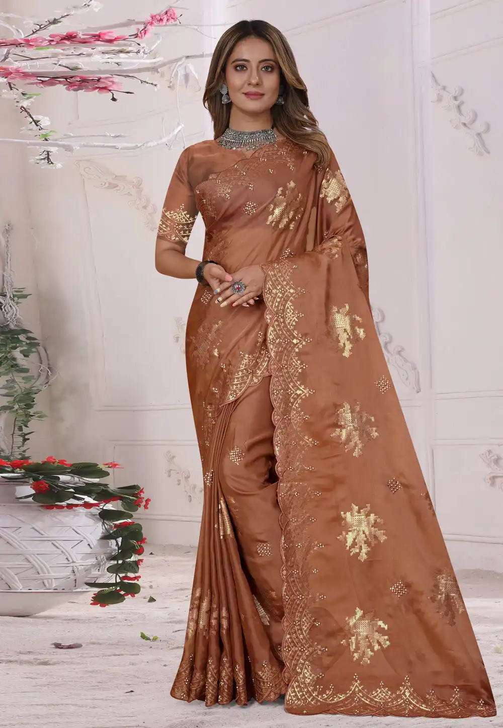 Brown Organza Saree With Blouse 268757