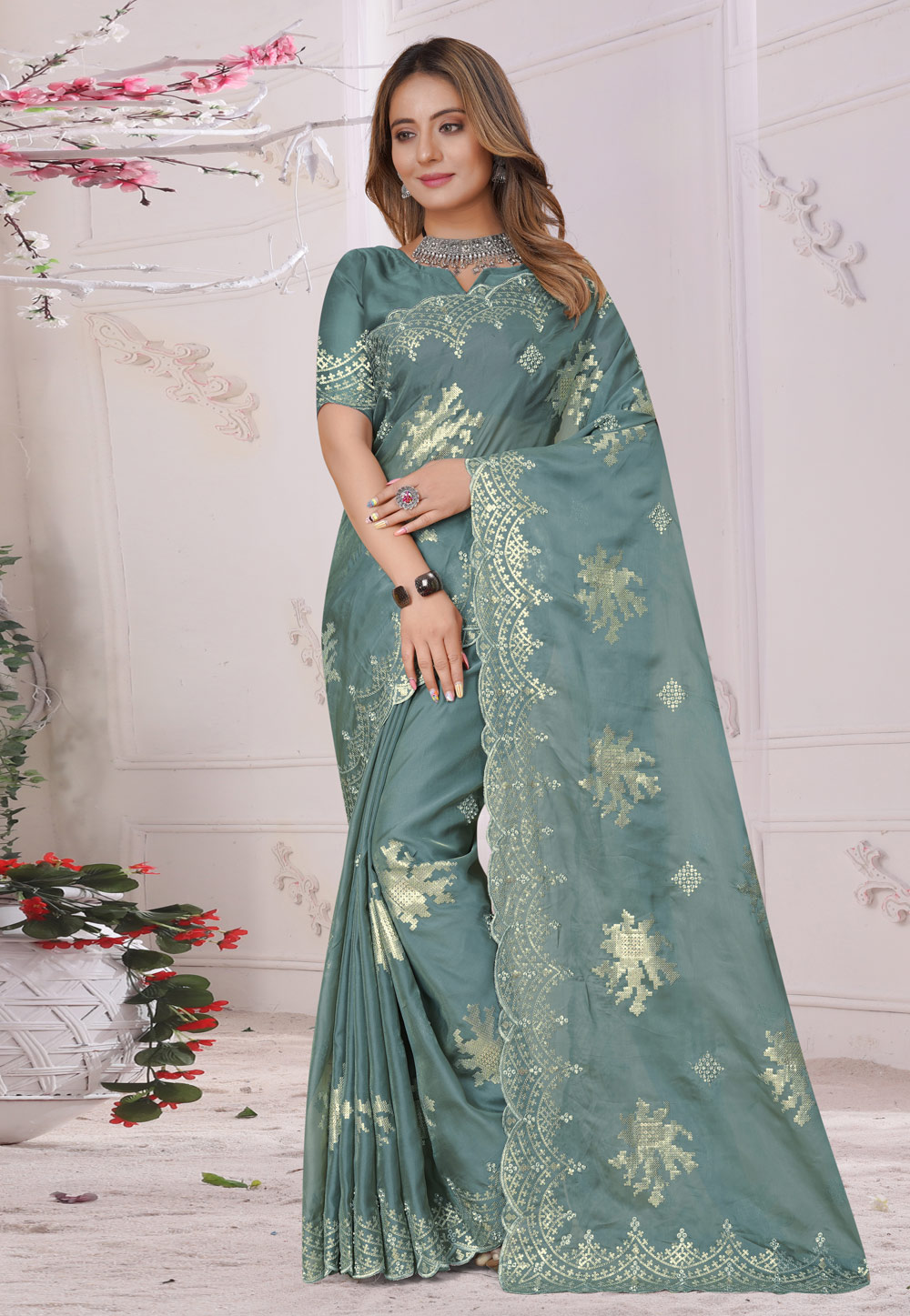 Sky Blue Organza Saree With Blouse 268762