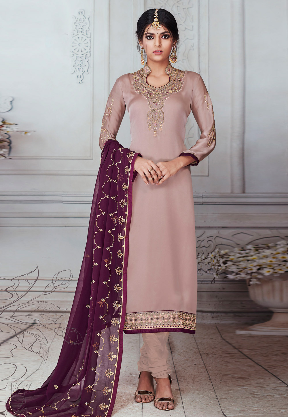 Beige Satin Embroidered Churidar Suit 180881