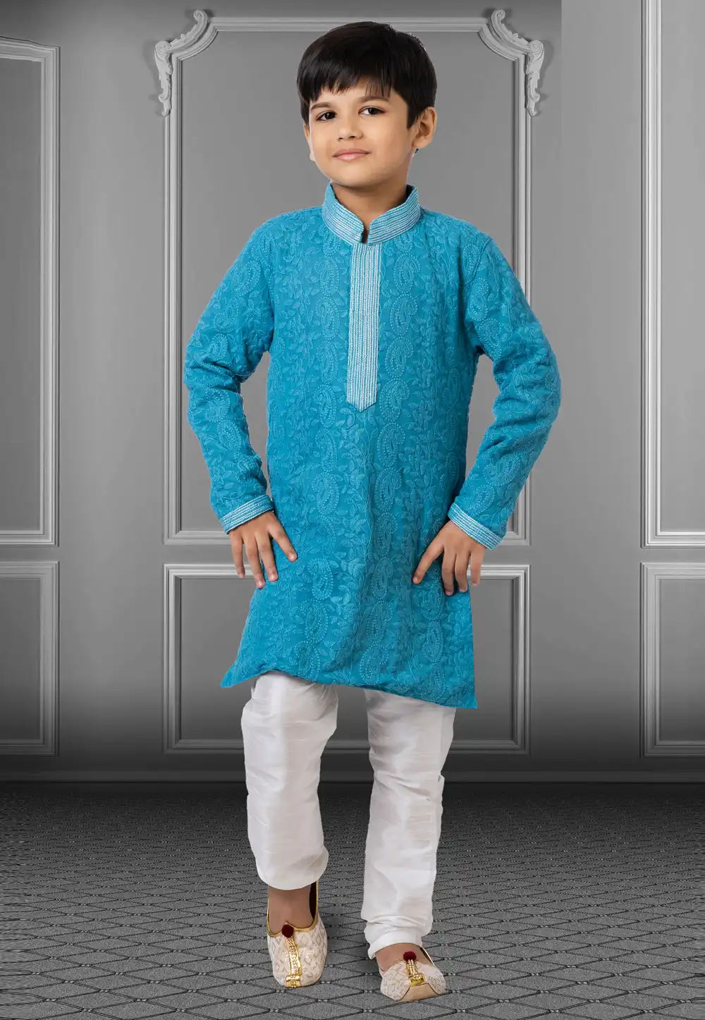 Turquoise Georgette Readymade Kids Kurta Pajama 250708