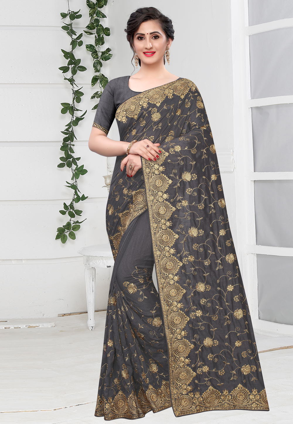 Grey Silk Festival Wear Saree 210568