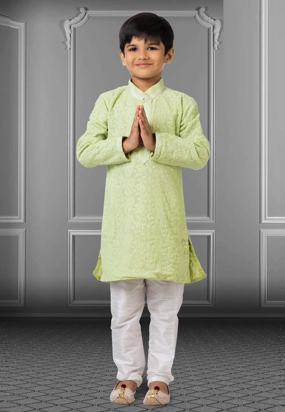 Pista Green Georgette Readymade Kids Kurta Pajama 250709