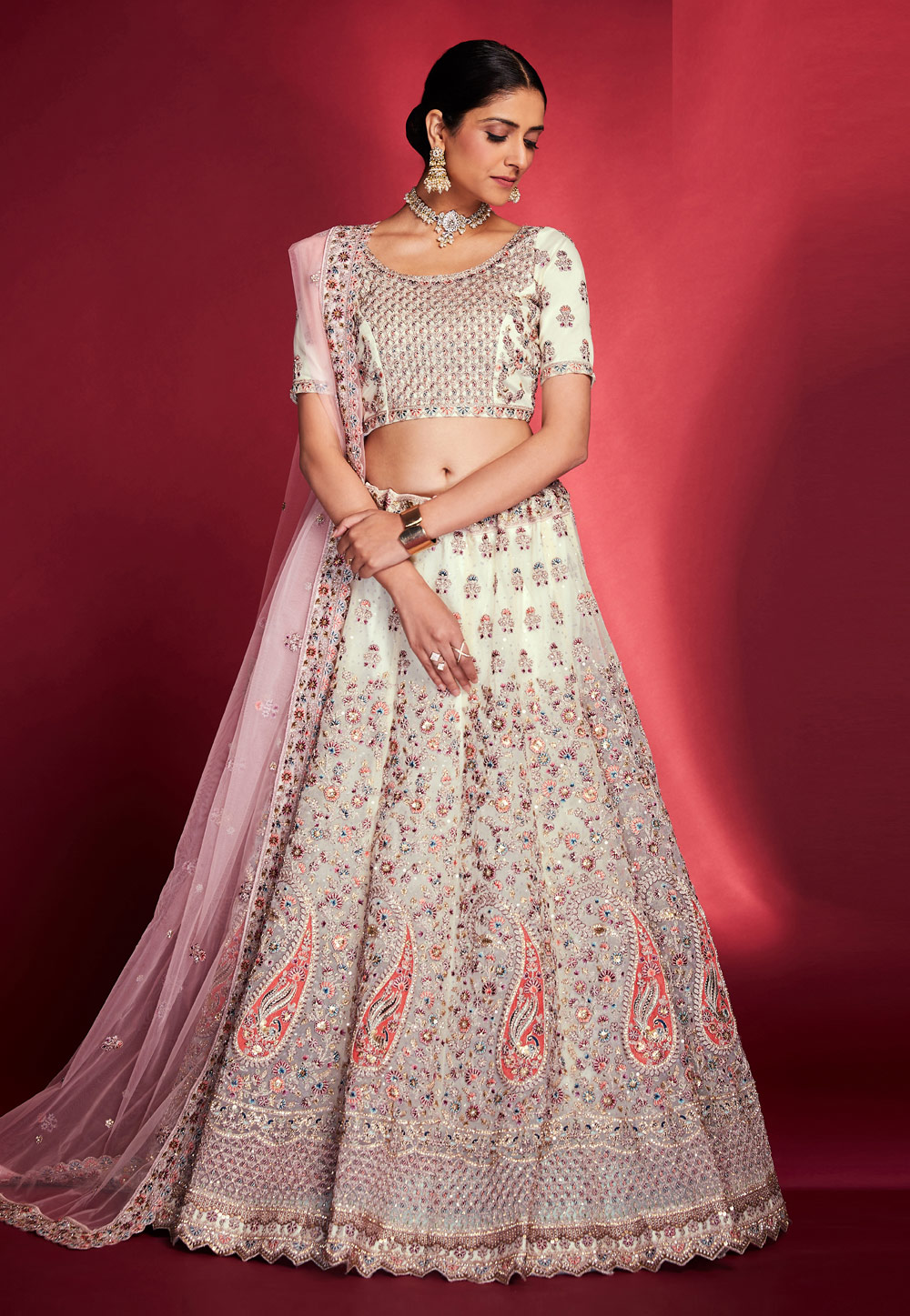 Off White Soft Silk A Line Lehenga Choli 266373