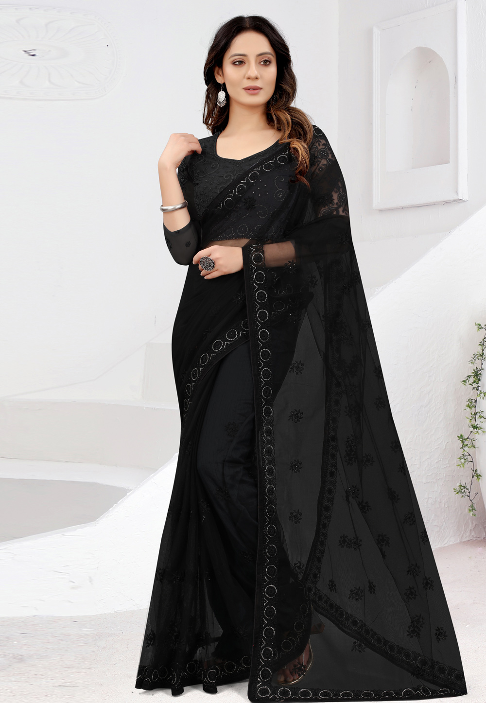 Black Net Saree With Blouse 272194