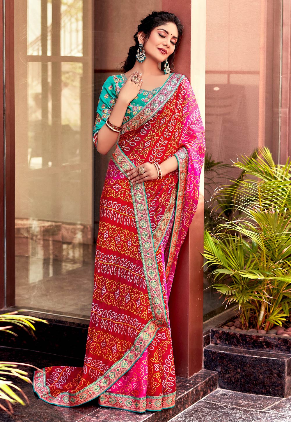 Red Chiffon Bandhani Print Saree 273296