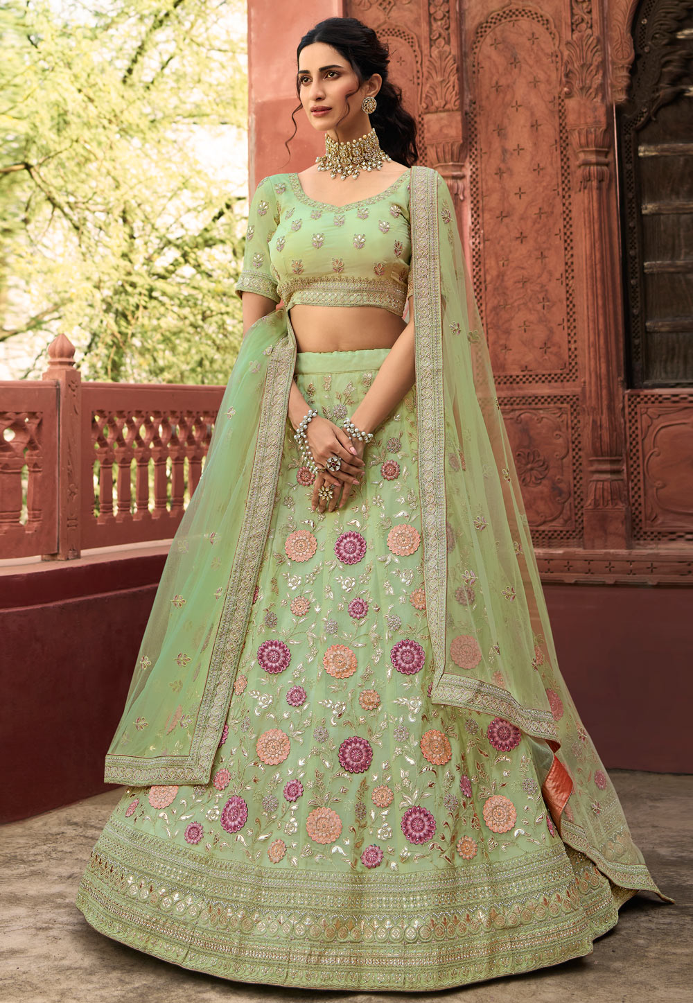 Light Green Organza Lehenga Choli 235945