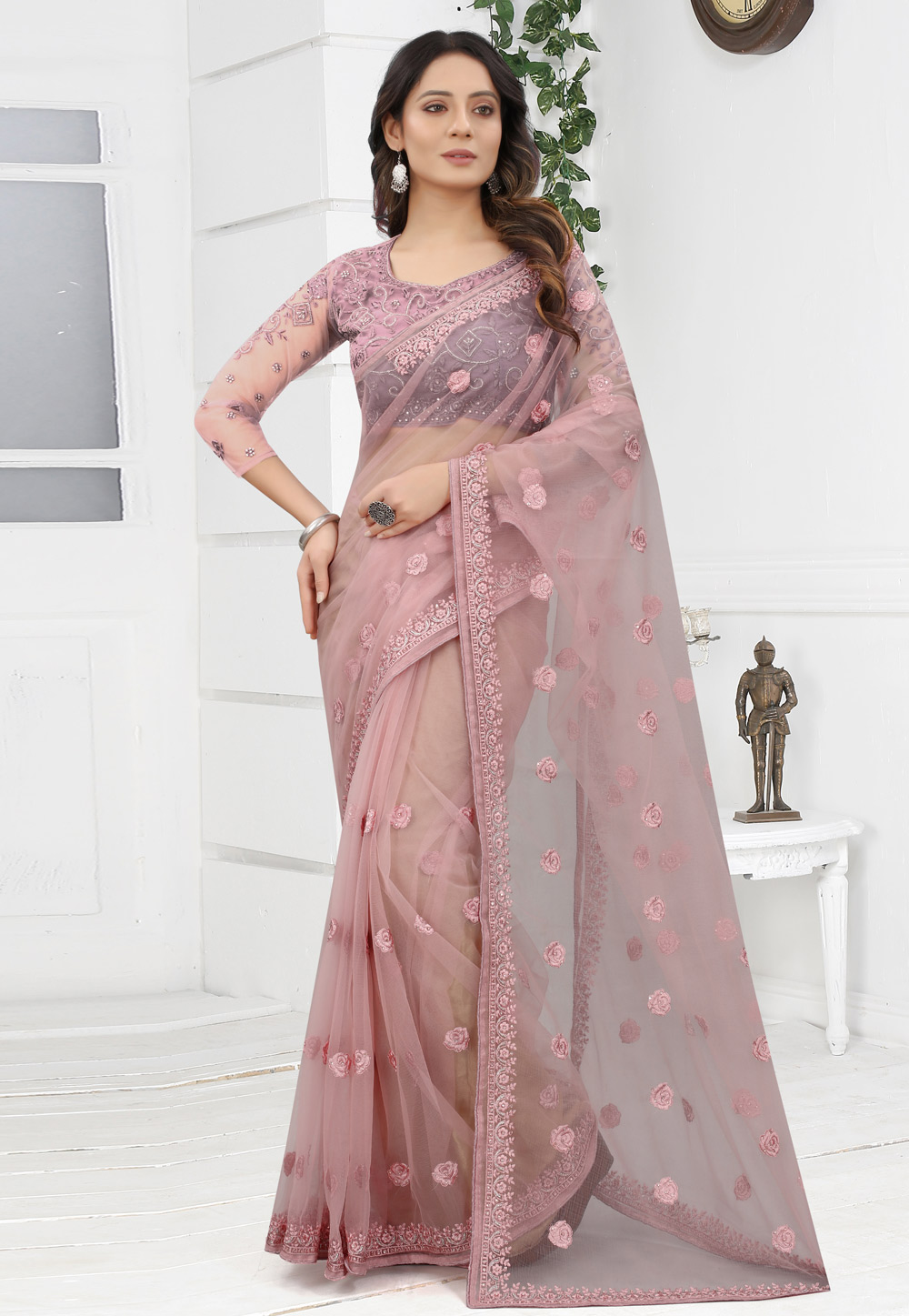 Light Pink Net Saree With Blouse 272198