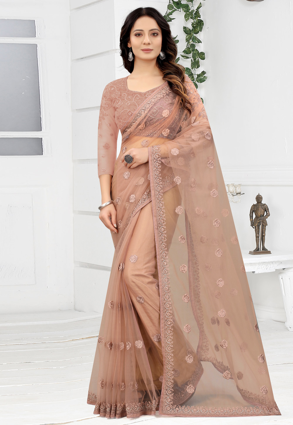 Peach Net Saree With Blouse 272200