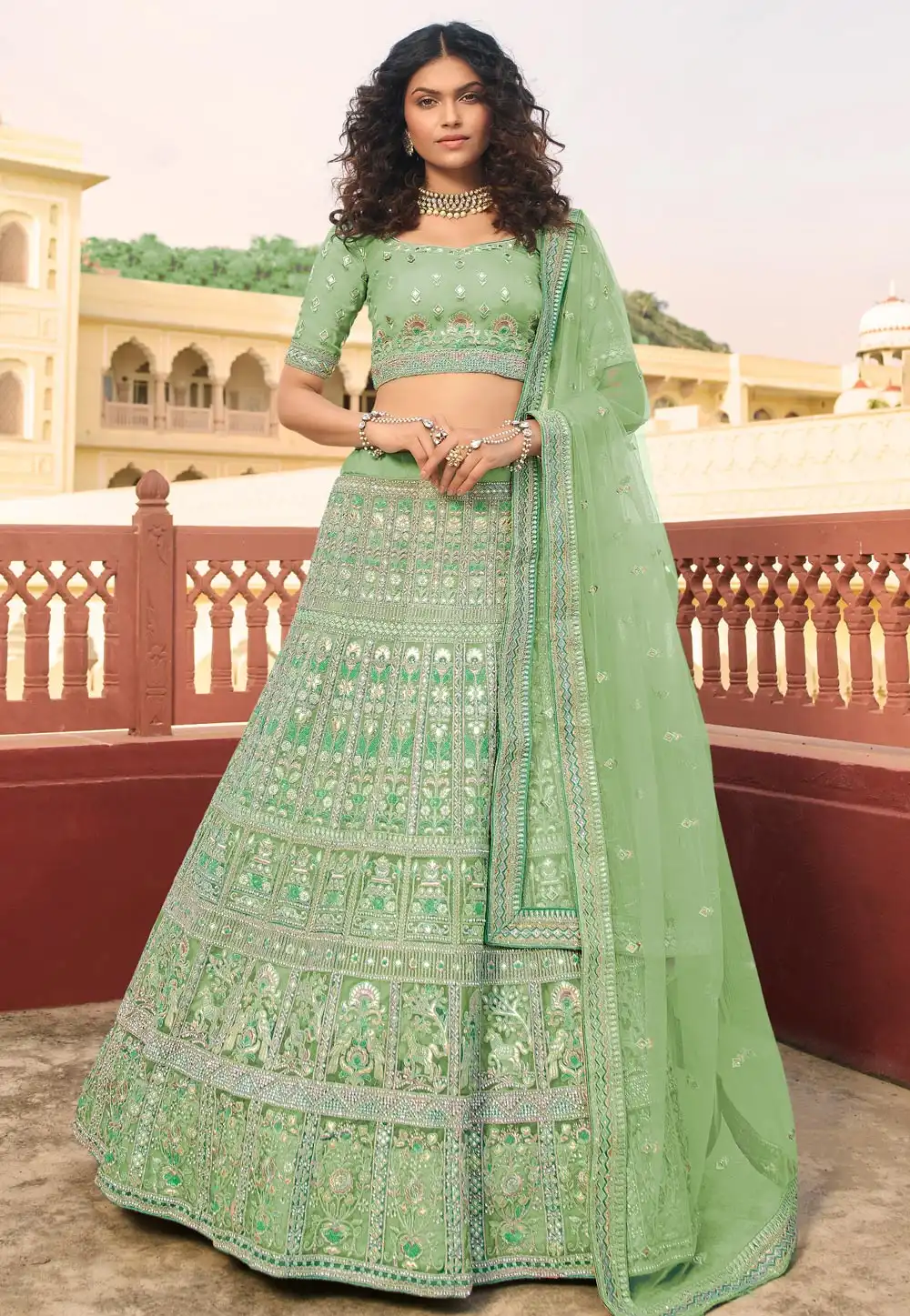 Light Green Organza Embroidered Lehenga Choli 238767