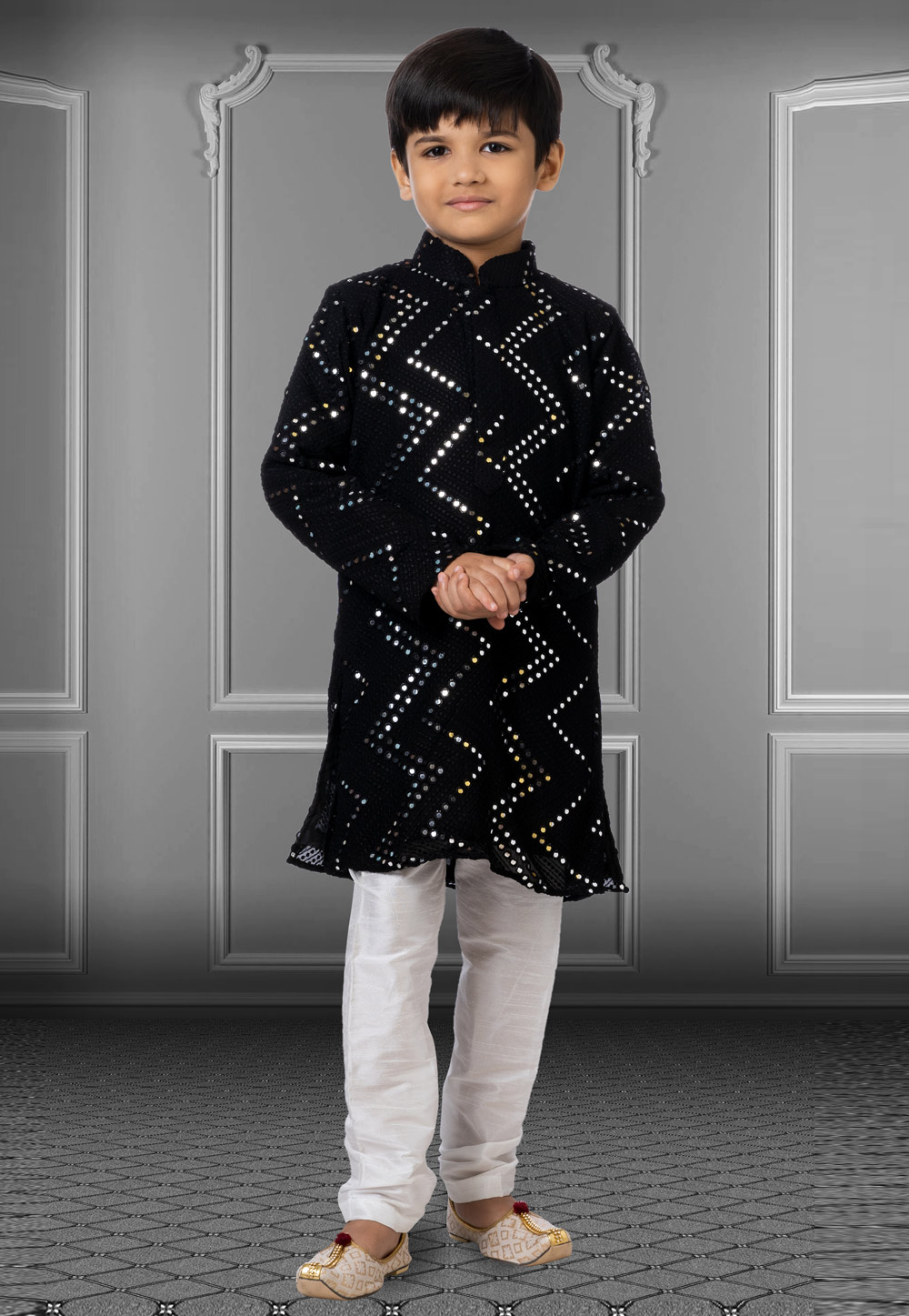Black Georgette Readymade Kids Kurta Pajama 250713