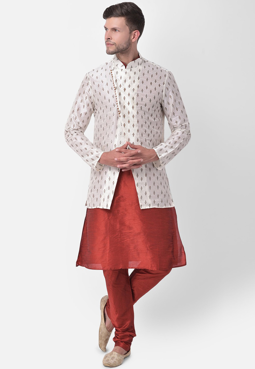 Maroon Dupion Silk Kurta Pajama With Jacket 251657