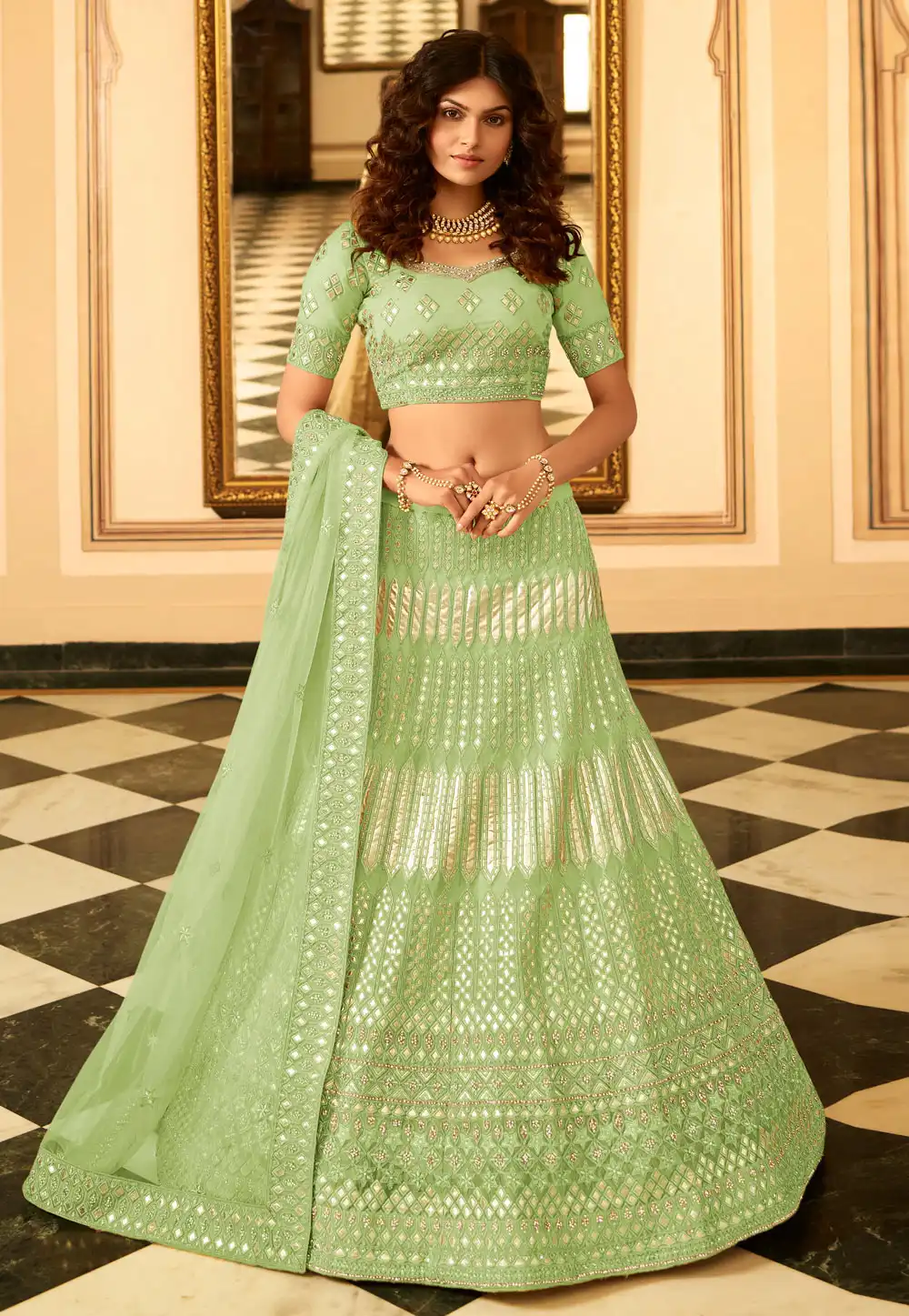 Light Green Organza Embroidered Lehenga Choli 238777