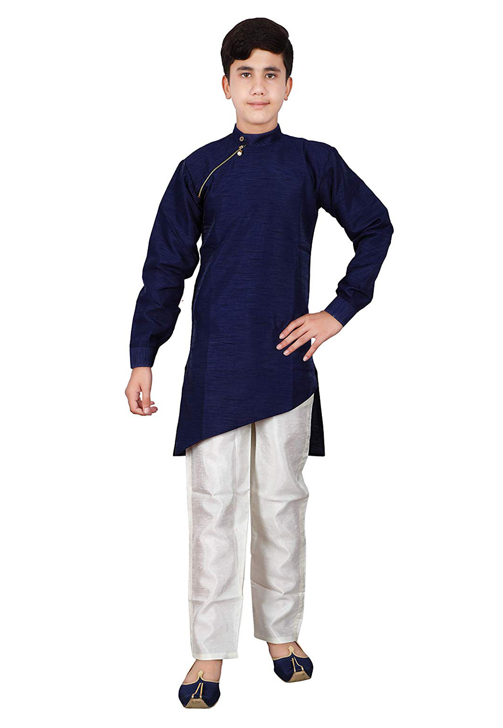 Navy Blue Dupion Silk Readymade Kurta Pajama 198577