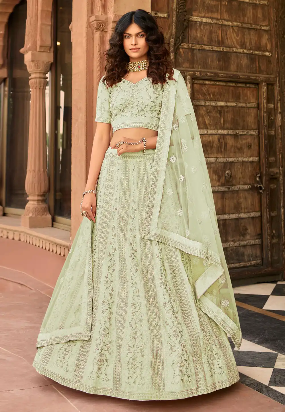 Sea Green Organza Embroidered Lehenga Choli 238781