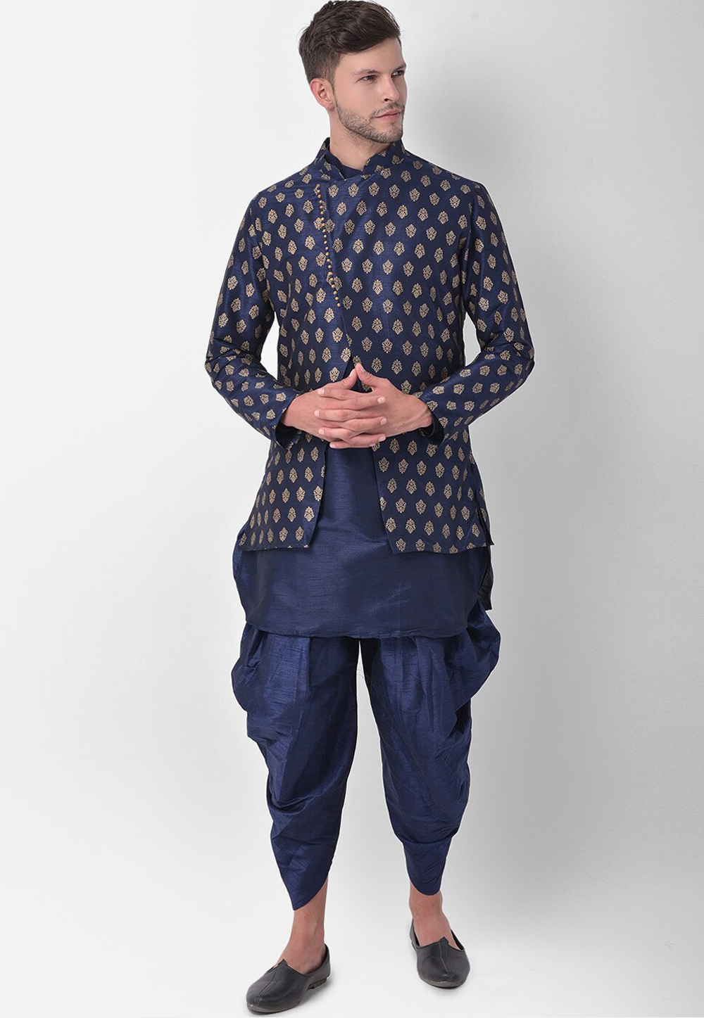 Navy Blue Dupion Silk Kurta Pajama With Jacket 251662