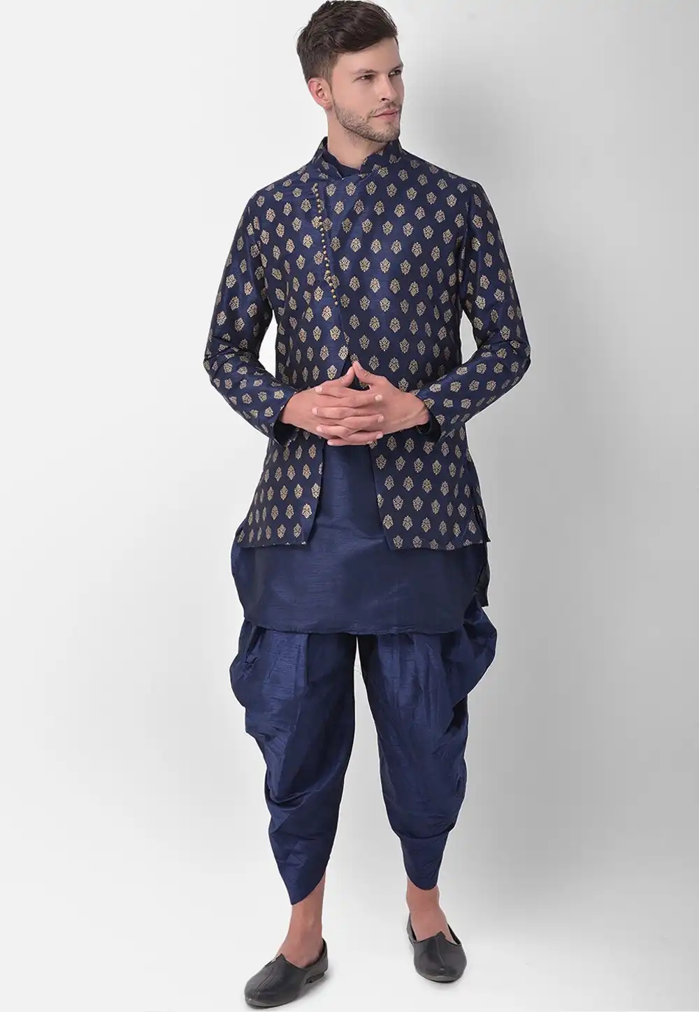Navy Blue Dupion Silk Kurta Pajama With Jacket 251662
