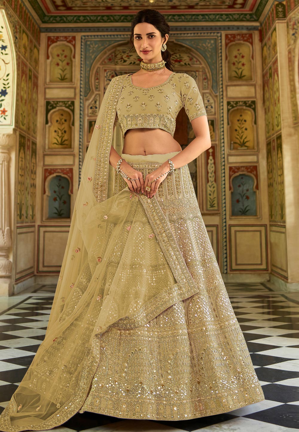 Beige Organza Embroidered Lehenga Choli 238785