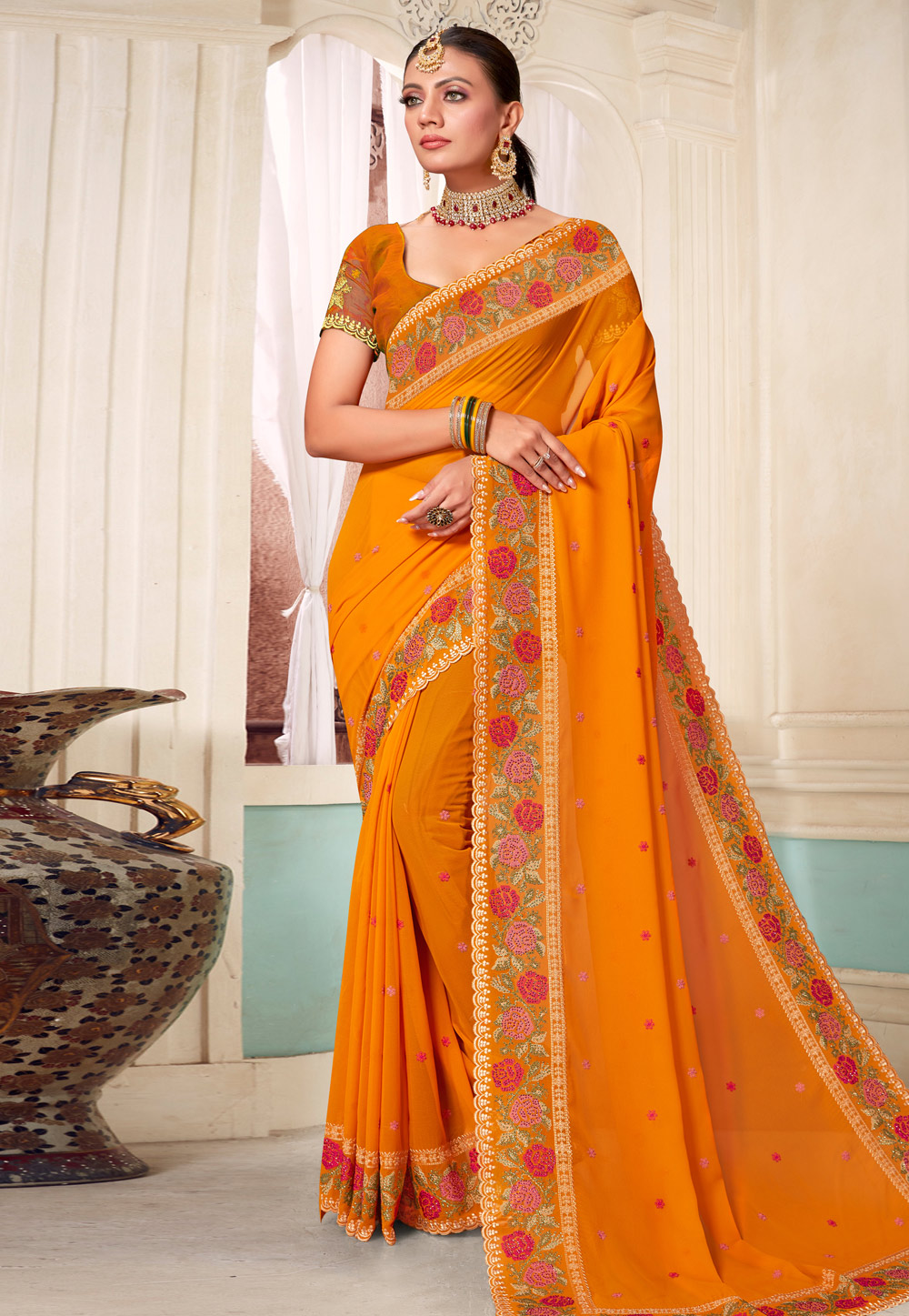 Orange Georgette Saree With Blouse 273148