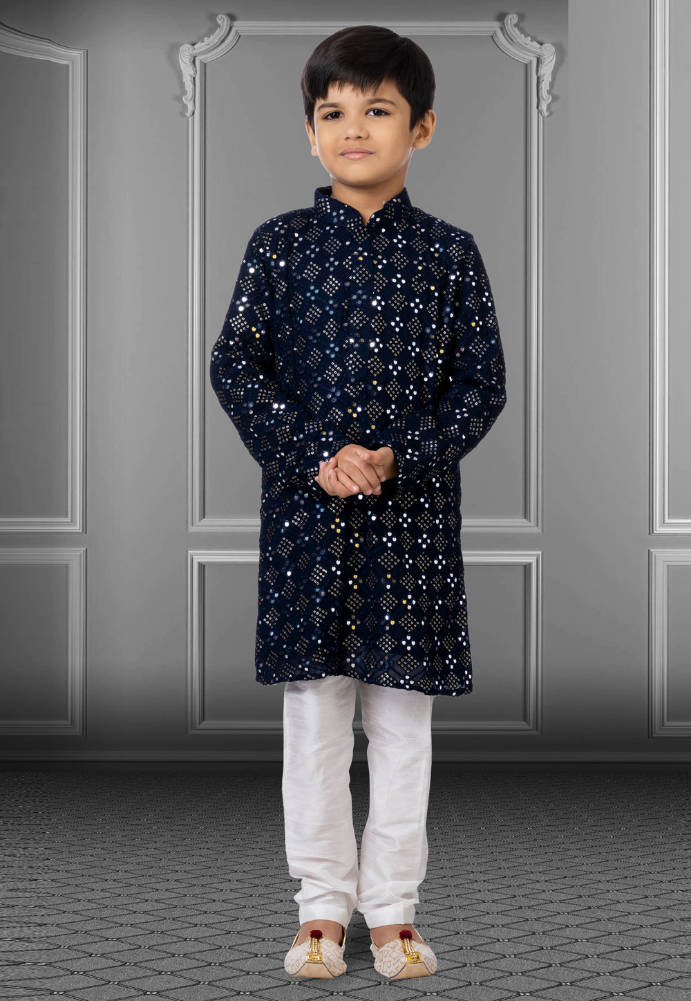 Navy Blue Georgette Readymade Kids Kurta Pajama 250715
