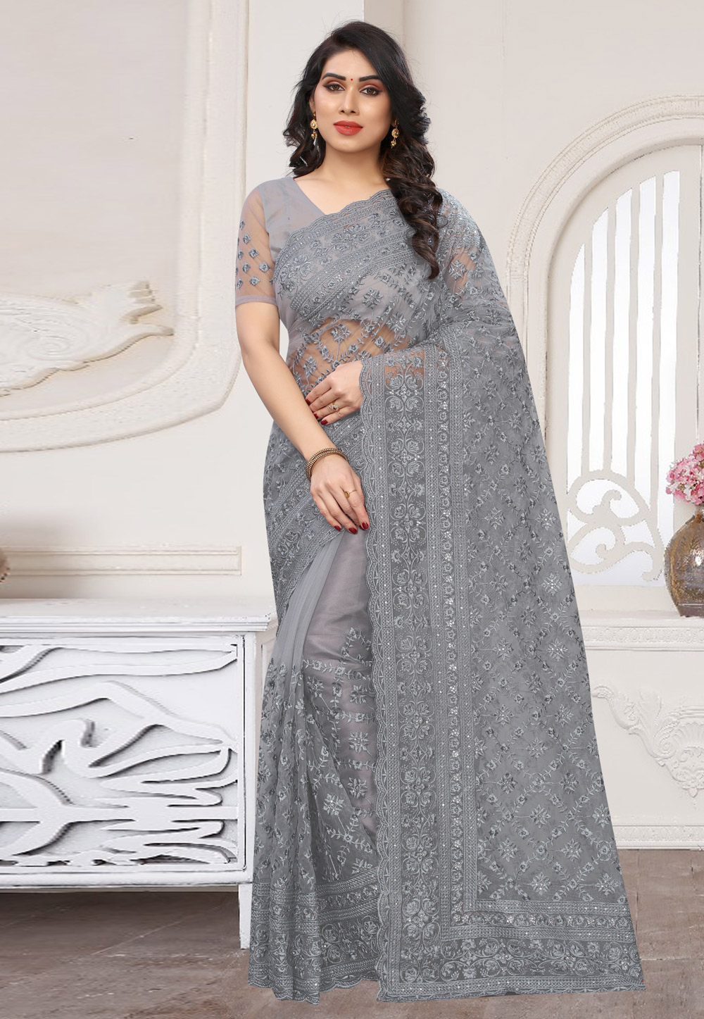 Grey Net Saree With Blouse 211206
