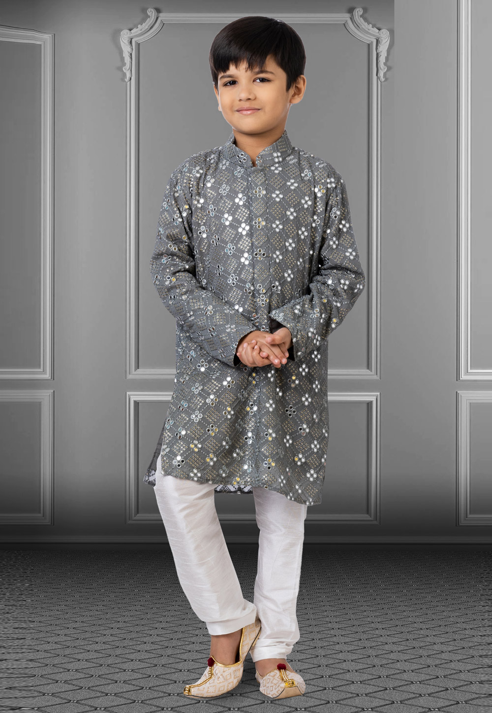 Grey Georgette Readymade Kids Kurta Pajama 250716