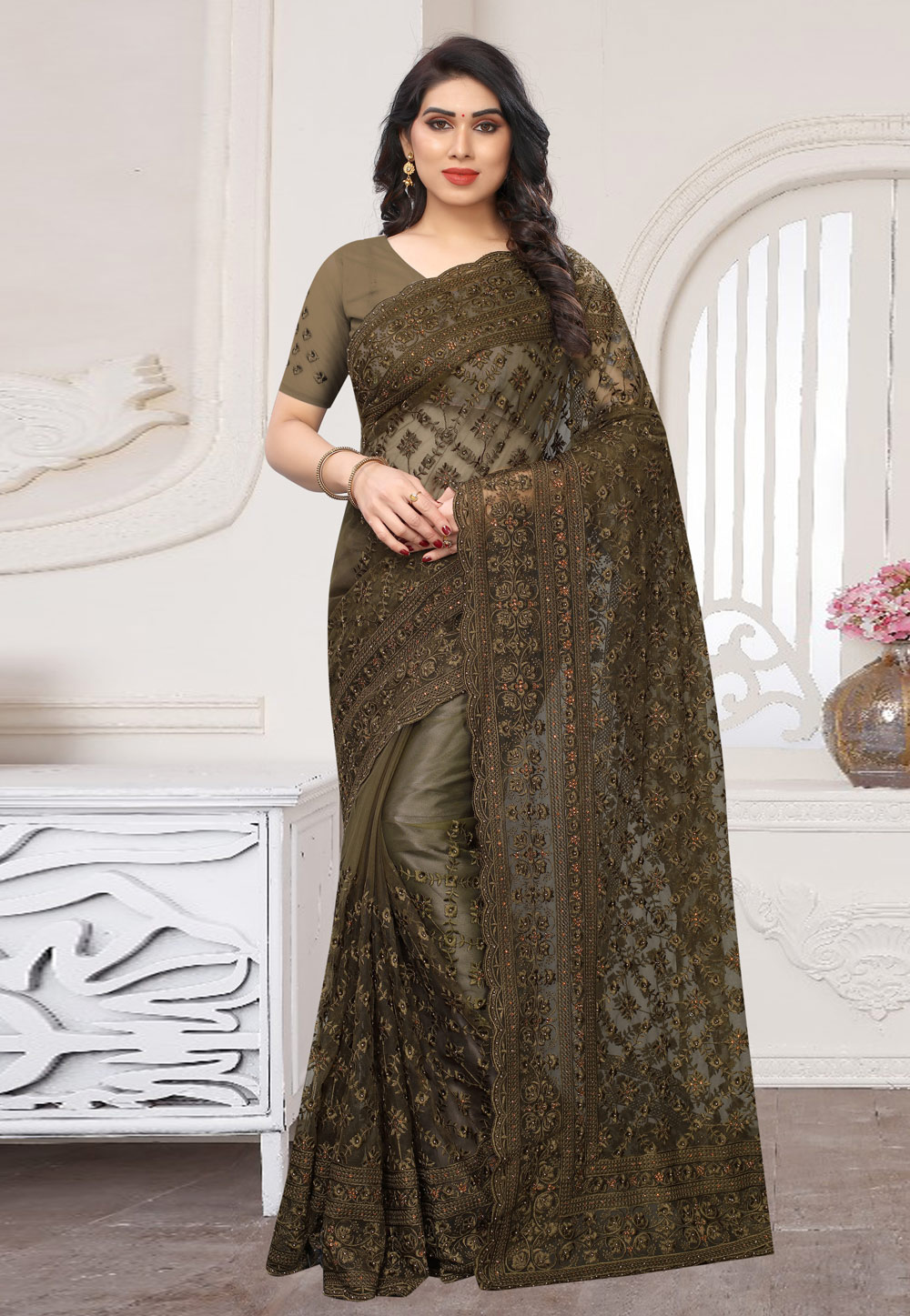 Mehndi Net Festival Wear Saree 211207