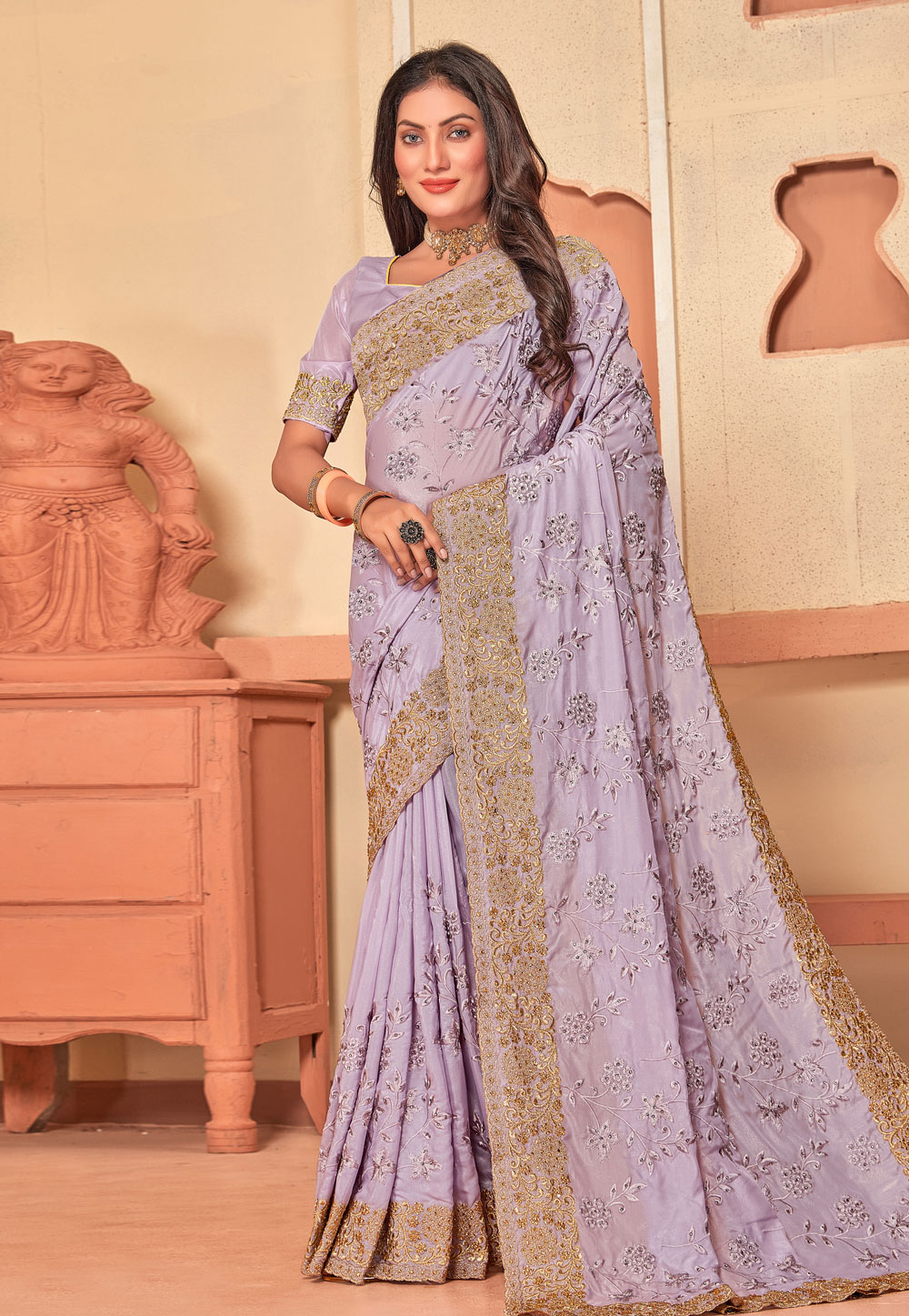 Lavender Crepe Silk Saree With Blouse 274334