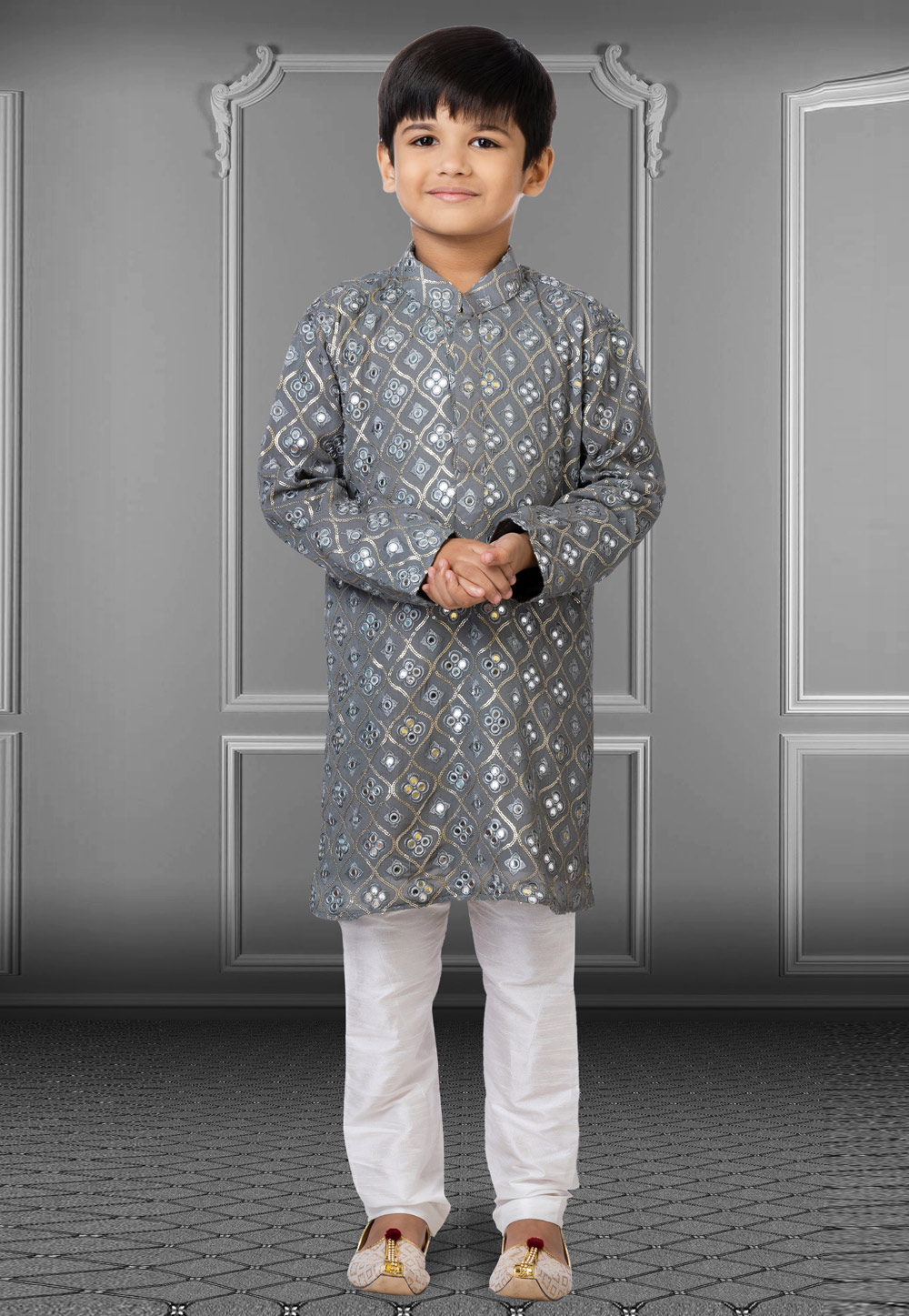 Grey Georgette Readymade Kids Kurta Pajama 250717