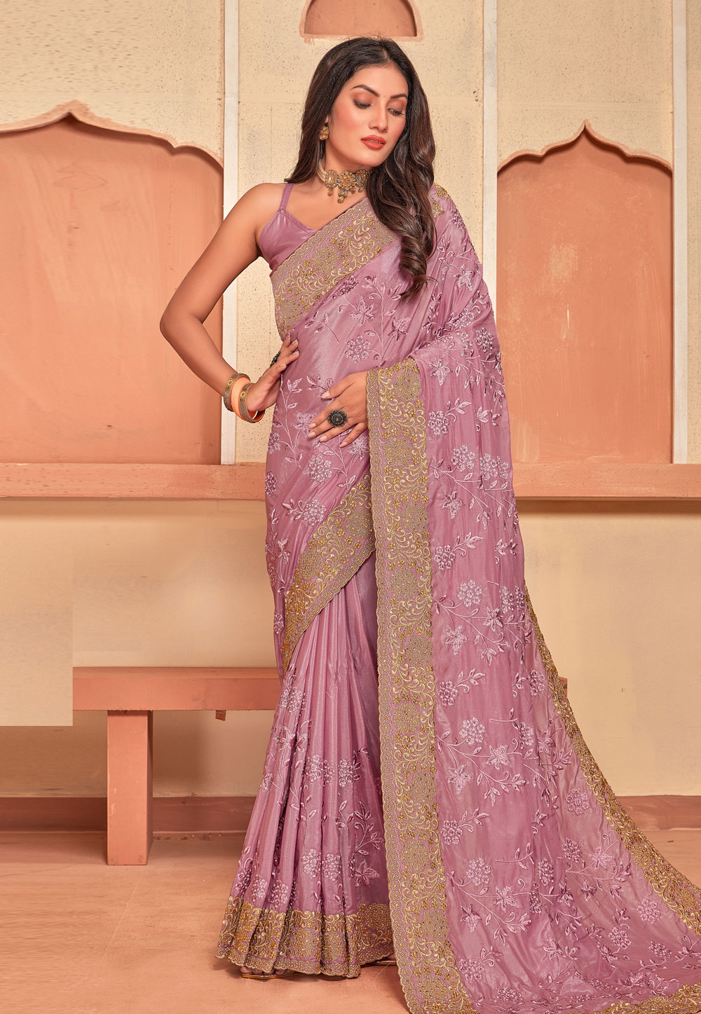 Pink Crepe Silk Saree With Blouse 274335