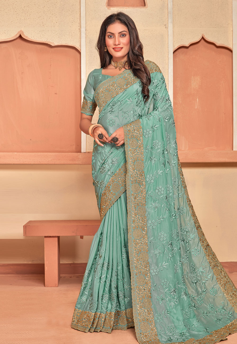 Sea Green Crepe Silk Saree With Blouse 274336