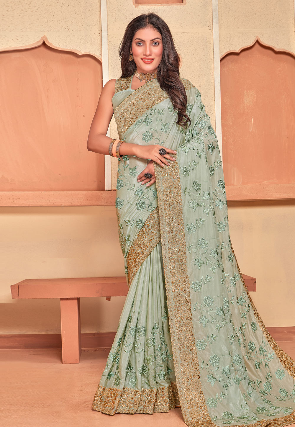 Sea Green Crepe Silk Saree With Blouse 274339