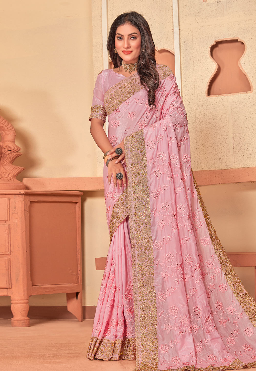 Pink Crepe Silk Saree With Blouse 274340