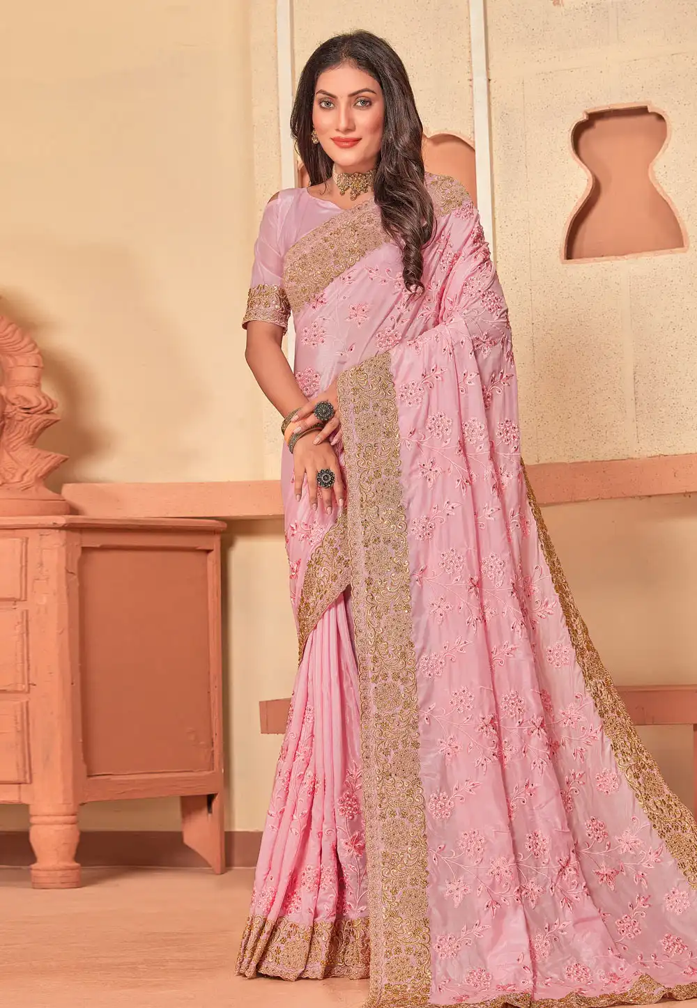 Pink Crepe Silk Saree With Blouse 274340