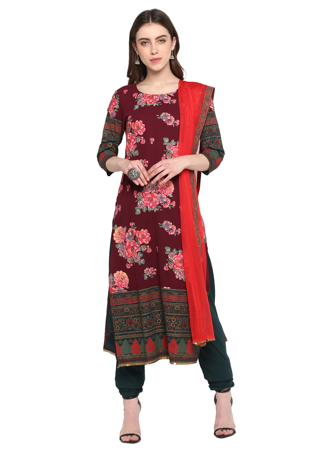 Wine Polyester Churidar Salwar Suit 197573